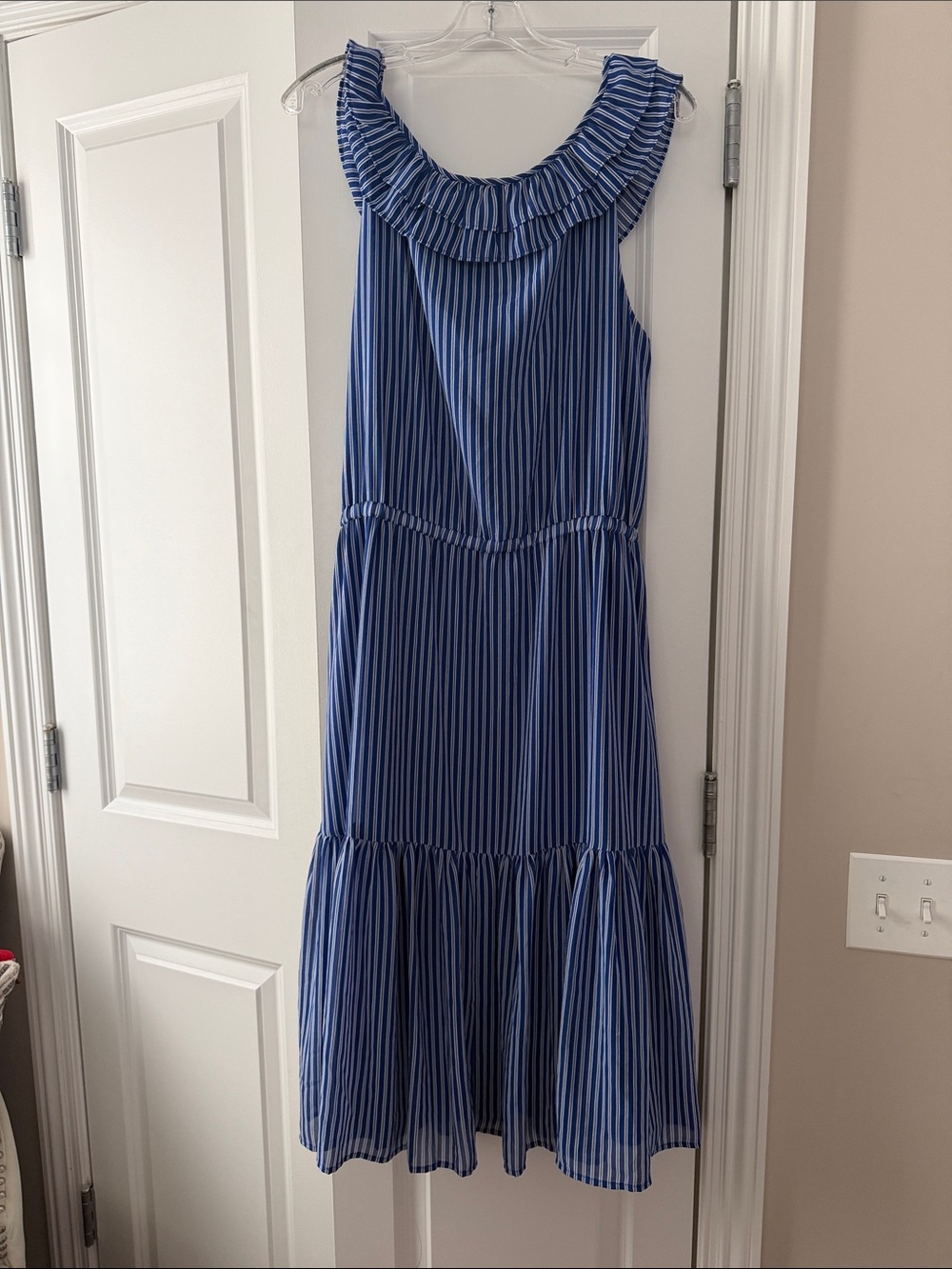 Michael Kors Blue Striped Ruffle-Trim Midi Dress - Picture 4 of 4